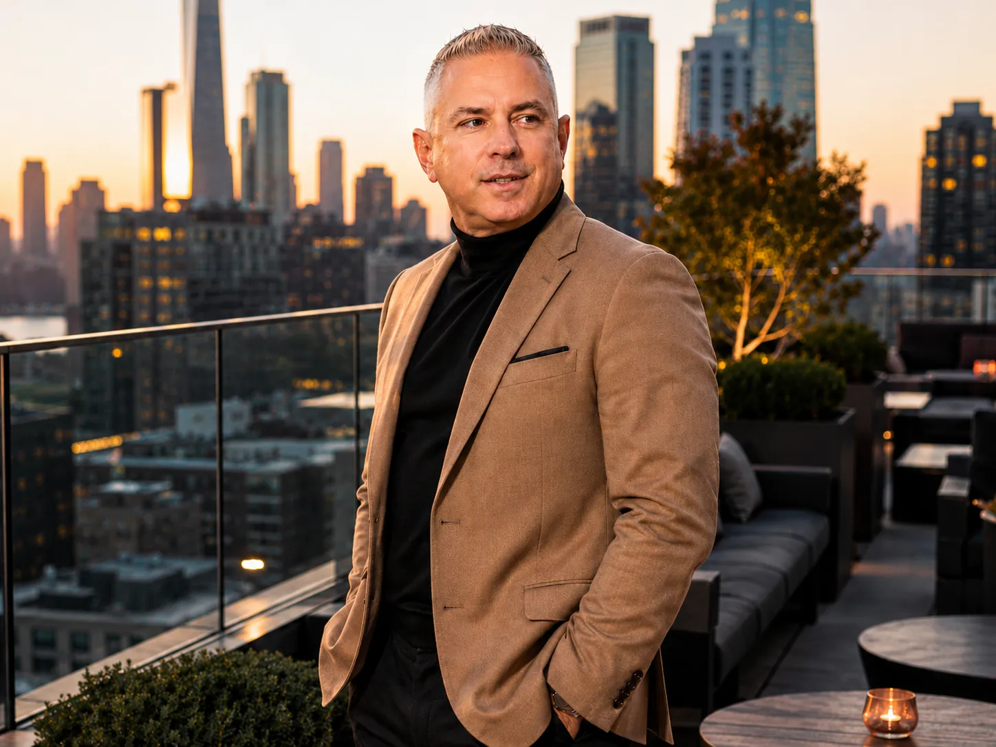 David Gembala on a rooftop terrace with a city skyline behind him