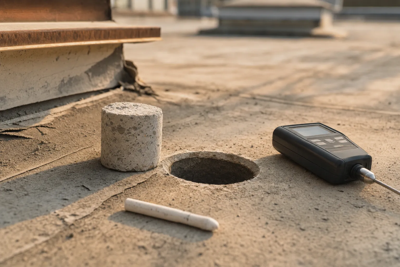 A fresh core cut sample of lightweight insulating concrete beside the open core hole and a moisture meter on an aged commercial roof